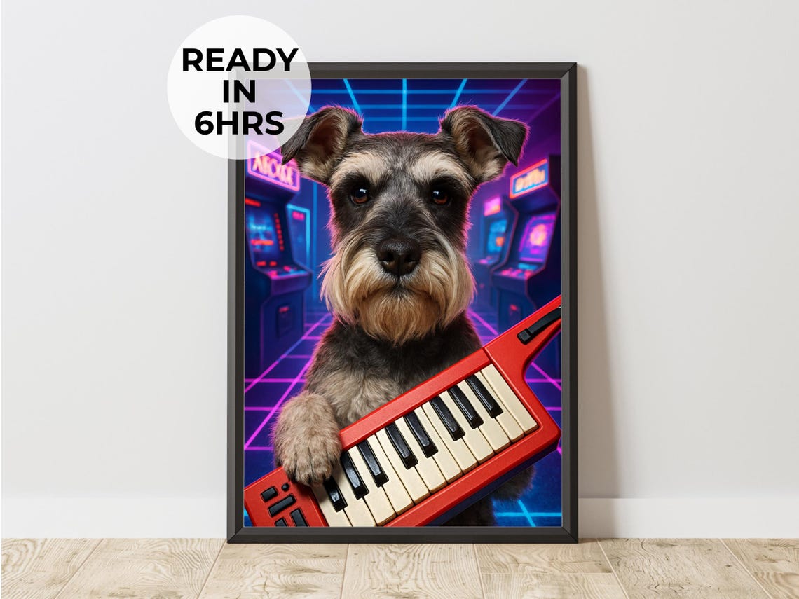 Miniature Schnauzer Keytar 80s Neon Arcade Musician Funny Pet Poster