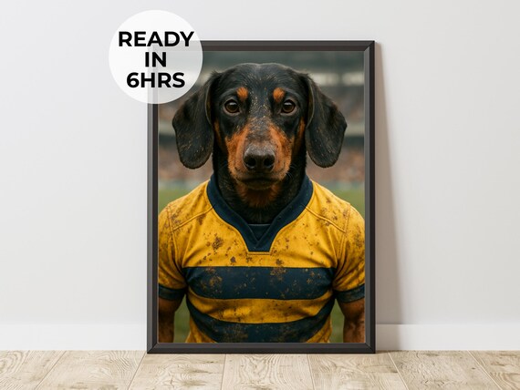 Custom Rugby Pet Portrait Muddy Jersey Dachshund Sports Fan Poster