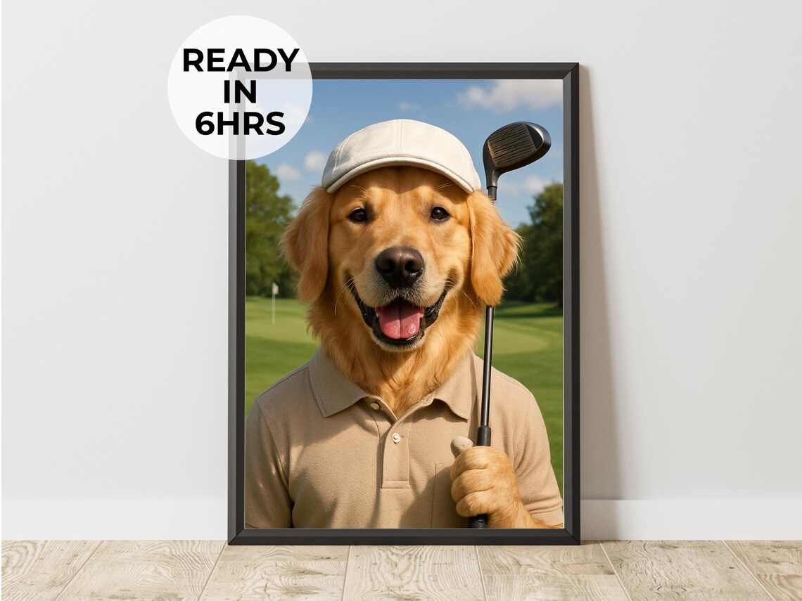 Golden Retriever Golfer Golf Club Funny Sporty Dog Portrait Wall Art
