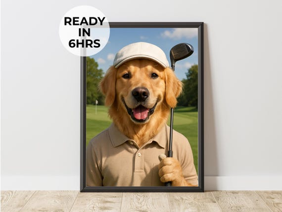 Golfer Pet Portrait Funny Dog Cat Golf Art Unique Sports Gift Artwork