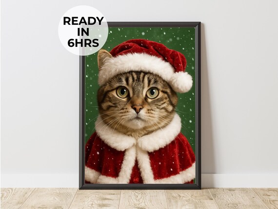 Custom Santa Cat Portrait Christmas Tabby in Red Suit Poster