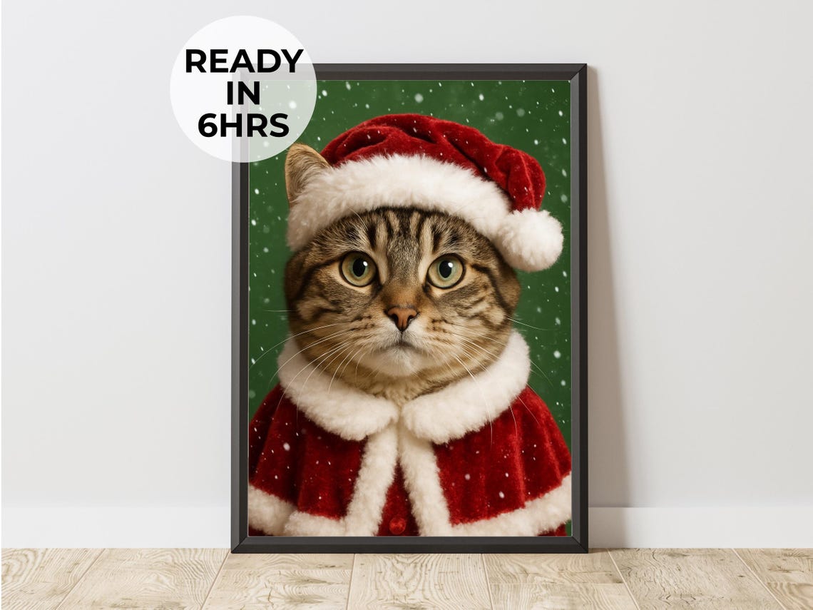 Custom Santa Cat Portrait Christmas Tabby in Red Suit Poster