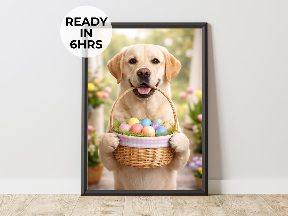 Golden Labrador Holding Easter Basket With Colorful Eggs Dog Poster