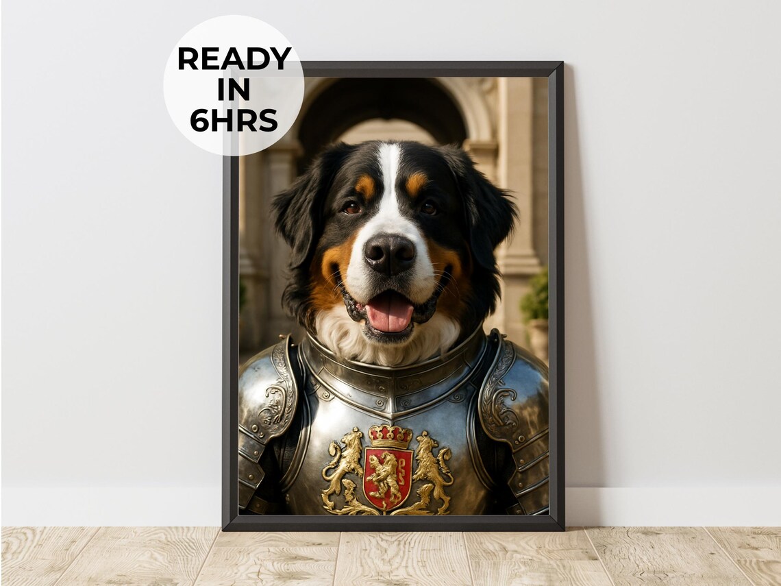 Bernese Mountain Dog Knight Armor Medieval Hero Pet Portrait Poster