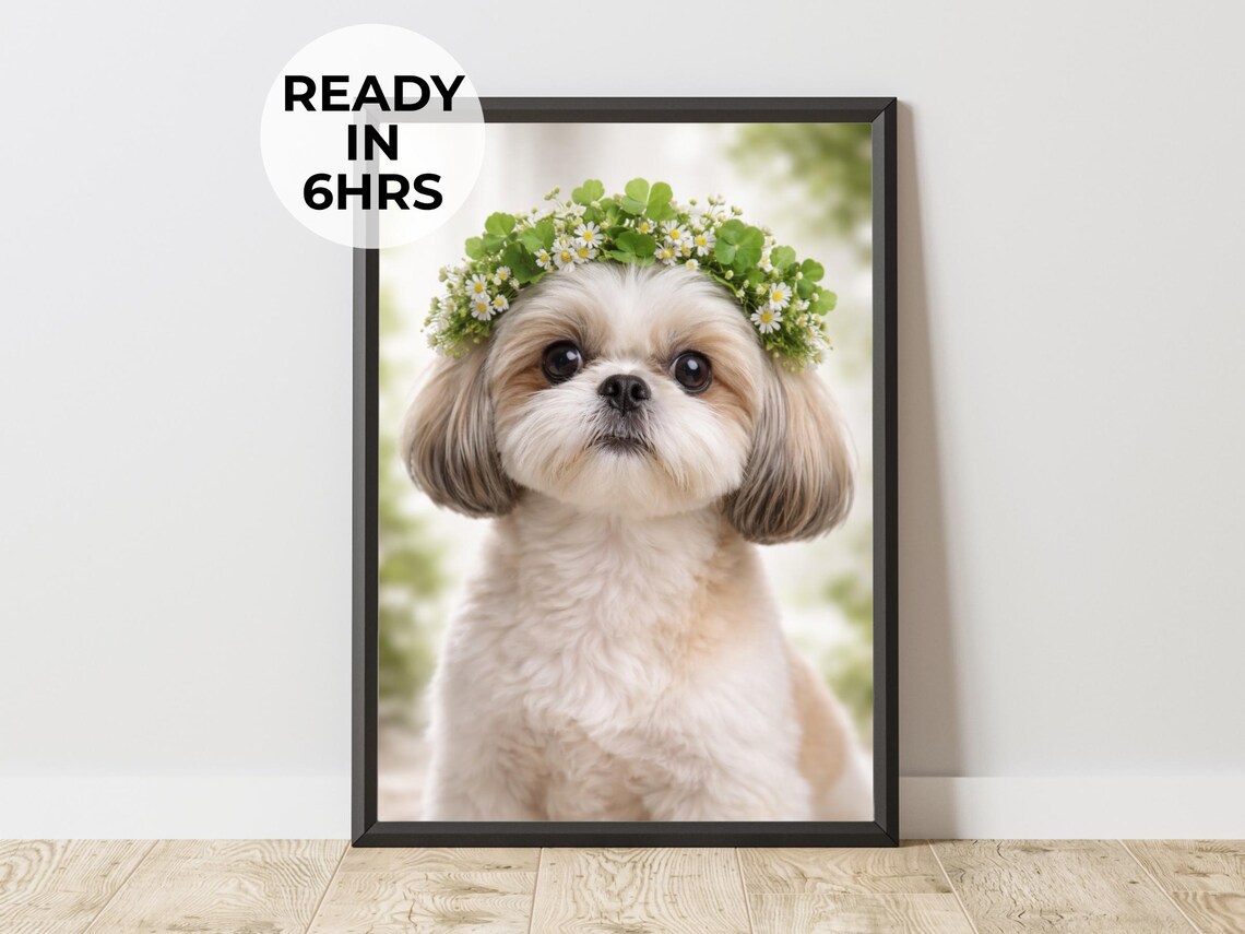 Custom Flower Crown Pet Portrait, Floral Dog Art