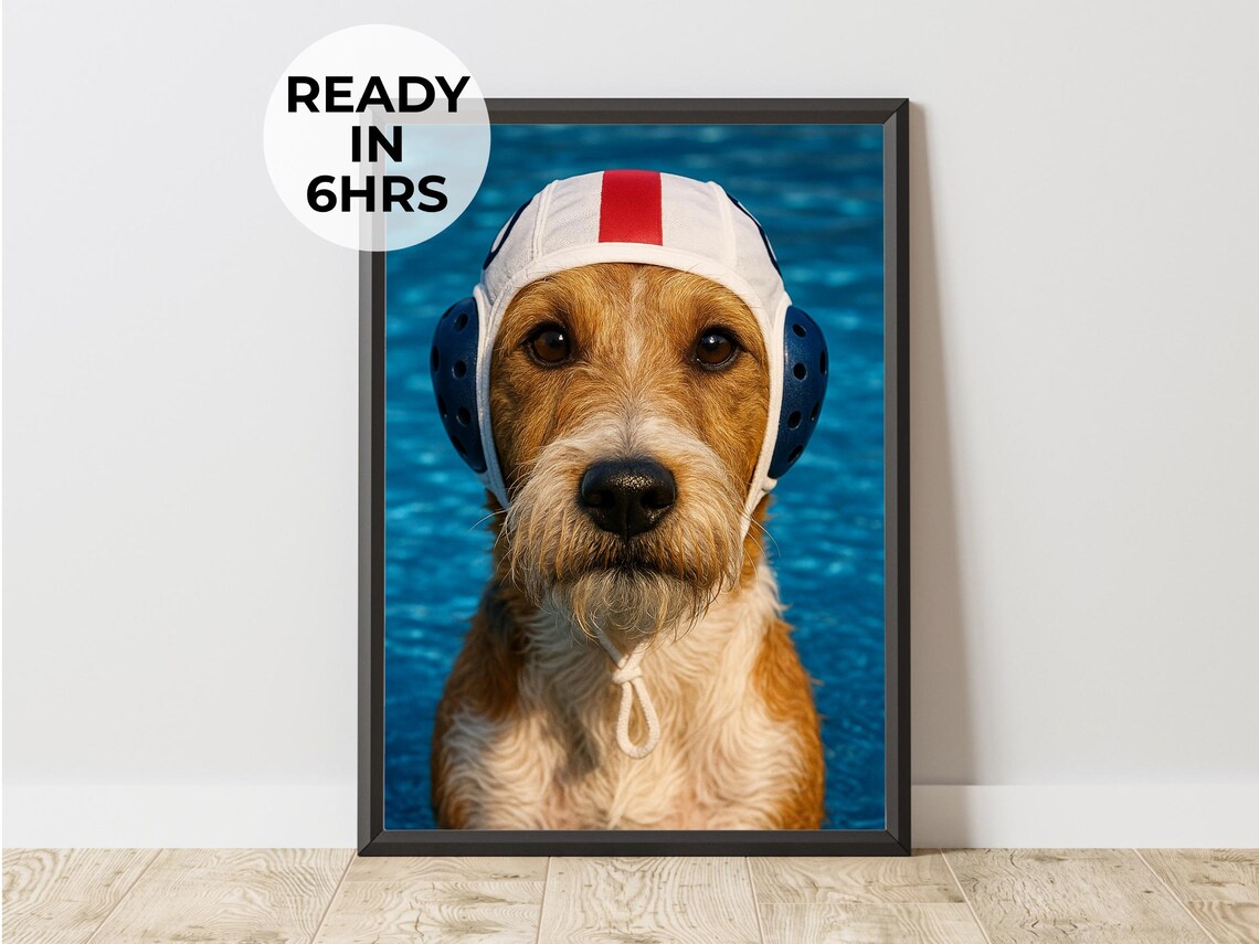Terrier Dog Water Polo Player Funny Pet Portrait Pool Party Dog Poster