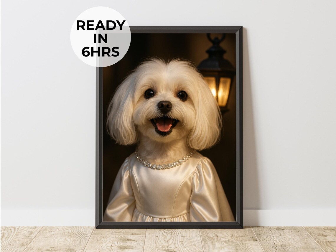 Maltese Dog White Satin Jeweled Gown Elegant Lady Pet Portrait Poster