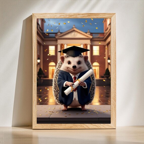 Cute Hedgehog Graduate In Navy Cap And Gown Holding Diploma Poster