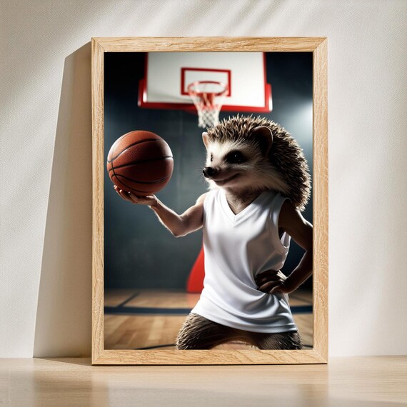 Hedgehog Basketball Player In White Jersey Holding Ball Poster
