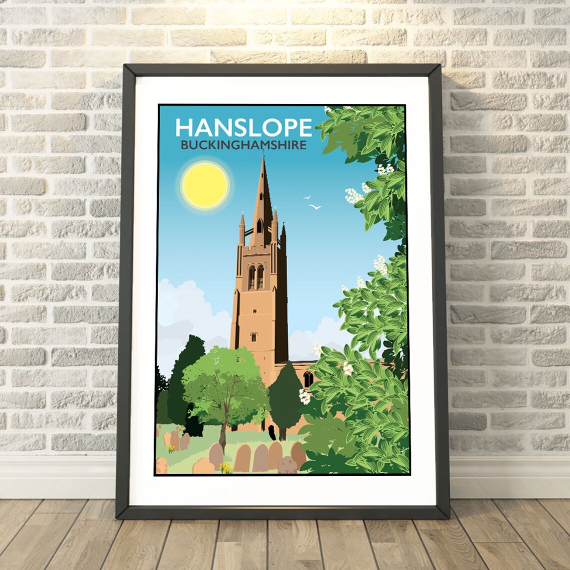 Hanslope Buckinghamshire Vintage Travel Poster Village Church Spire