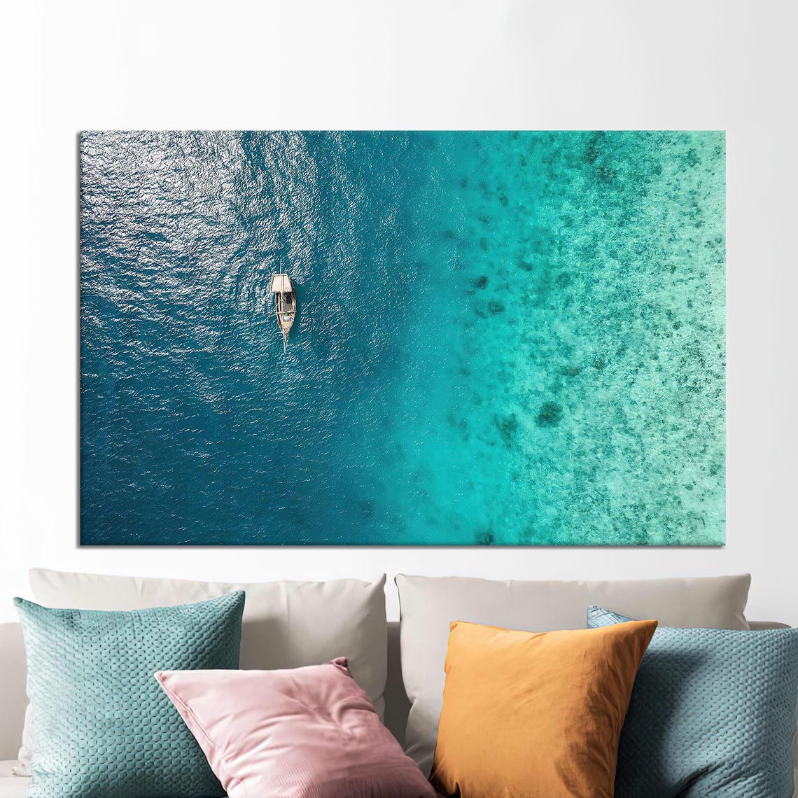 Aerial Turquoise Ocean Lone Boat Coral Reef Drone Photography Print
