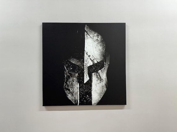 Distressed Spartan Helmet Black White Warrior Minimalist Canvas Poster