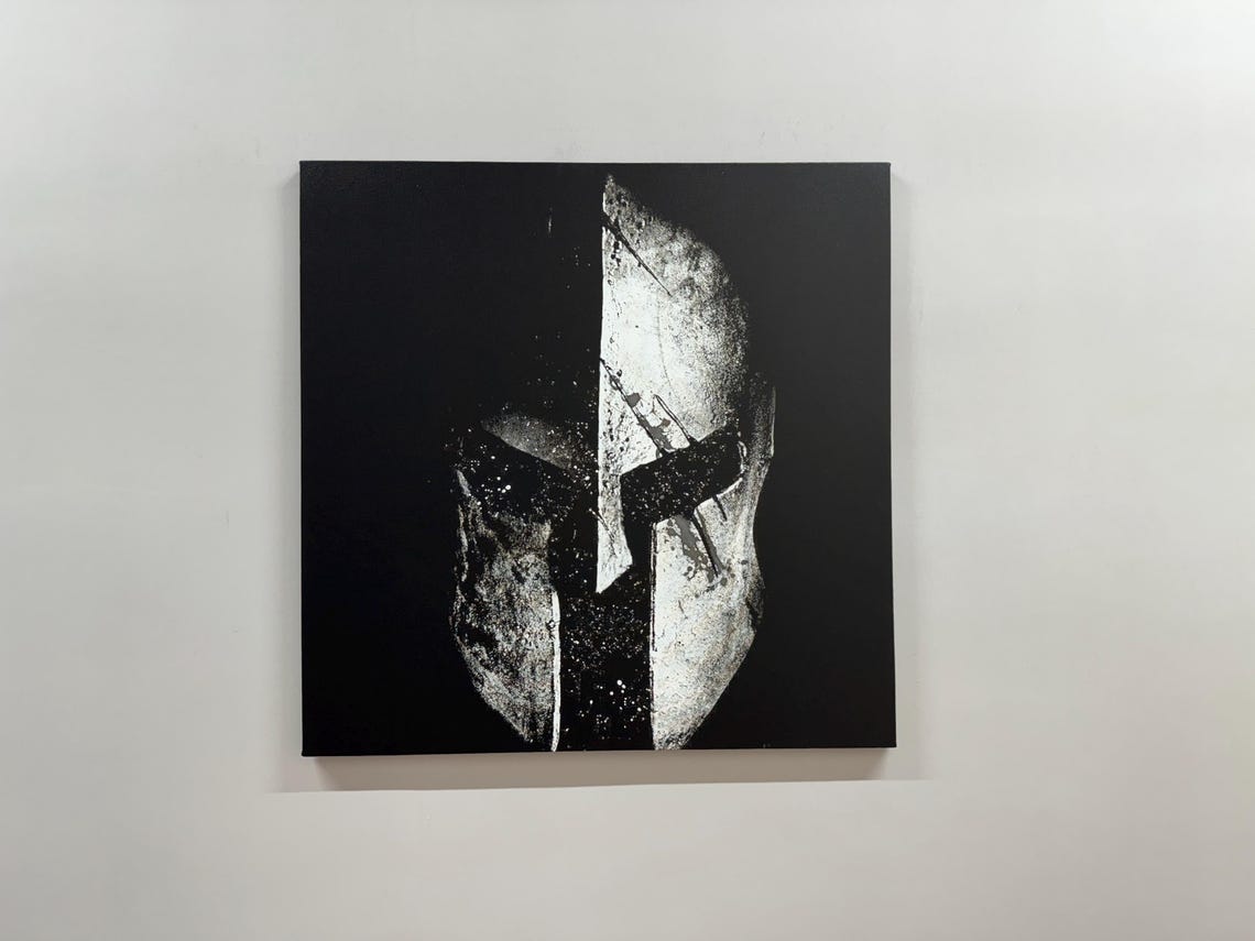 Distressed Spartan Helmet Black White Warrior Minimalist Canvas Poster