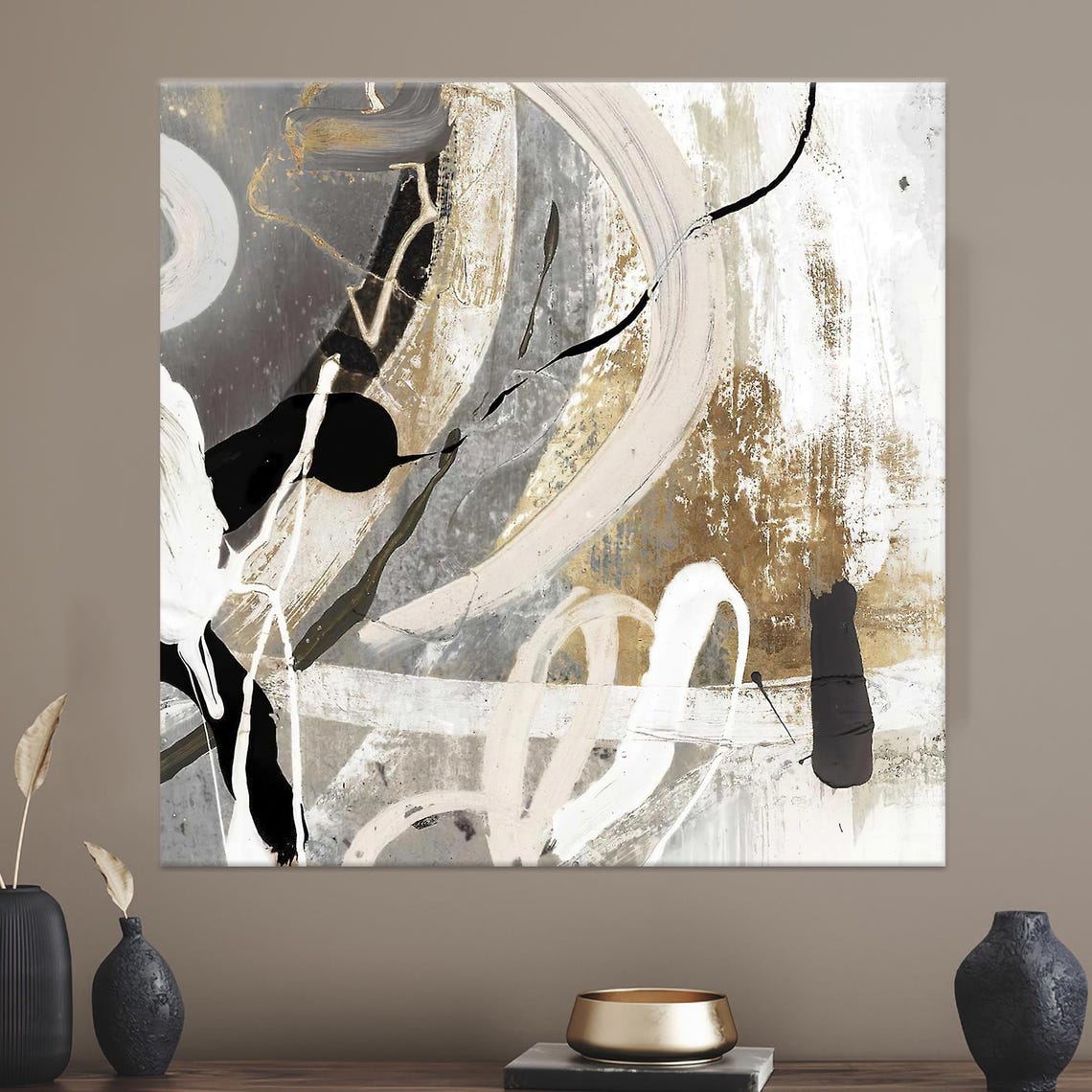 Modern Abstract Gray and Gold Brushstroke Neutral Art Poster