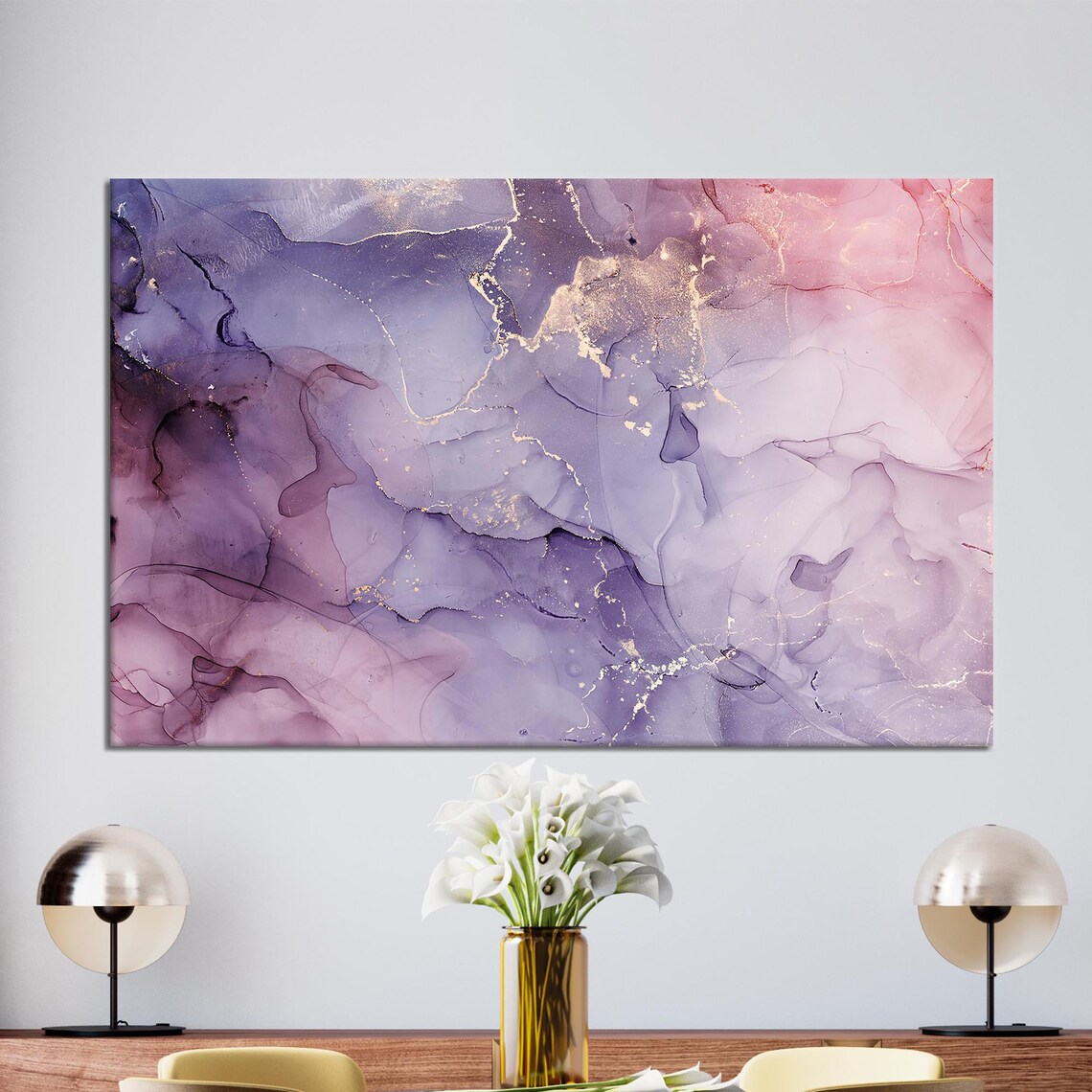 Purple Marble Art Print, Gold Accent Decor