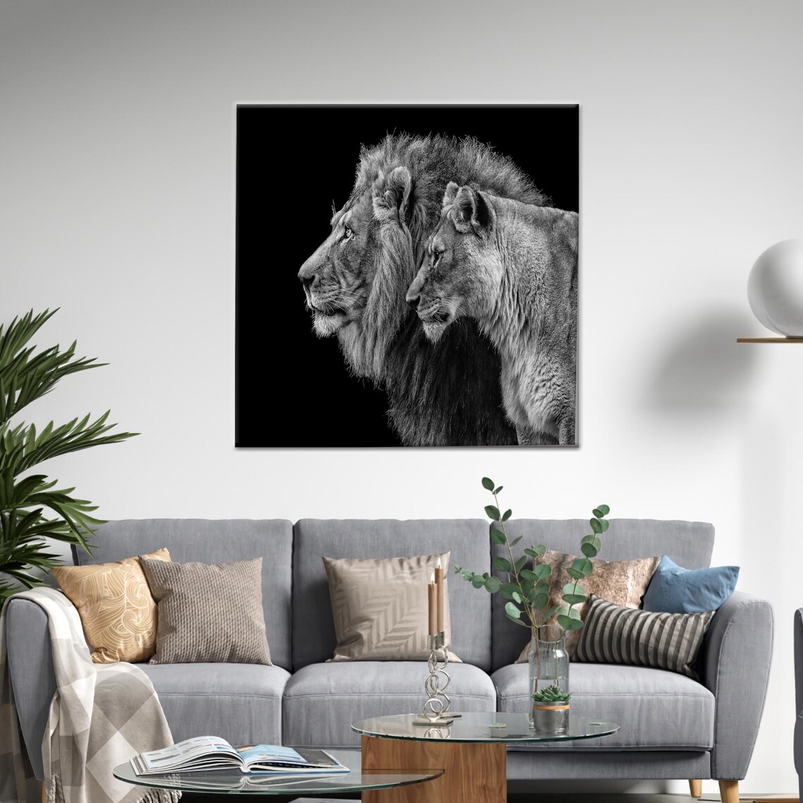 Black and White Lion Couple Profile Majestic Wildlife Art Poster
