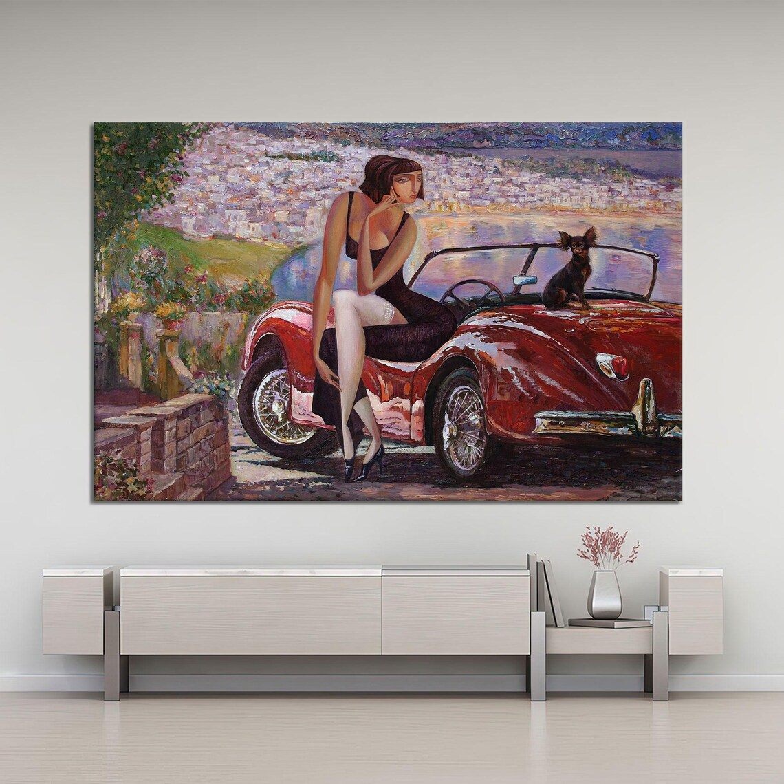 Woman with Dog on Red Vintage Convertible Coastal City Poster