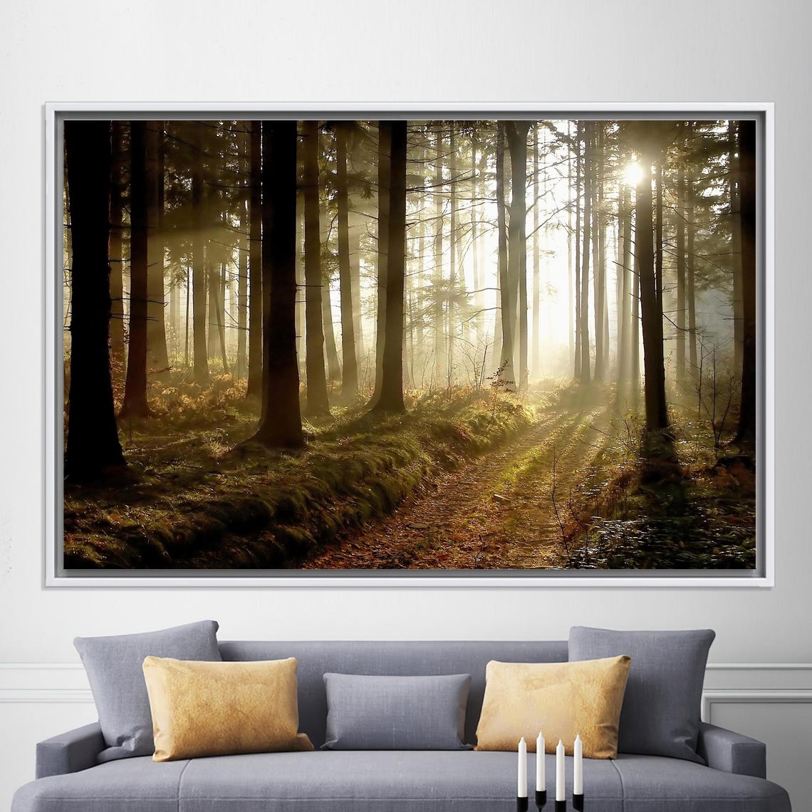 Misty Forest Path Sunrise Sunbeams Through Trees Serene Nature Poster