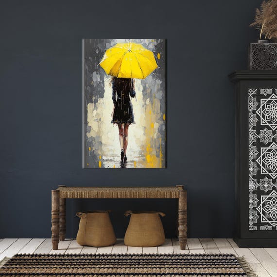 Woman With Yellow Umbrella Canvas Print Abstract Wall Decor