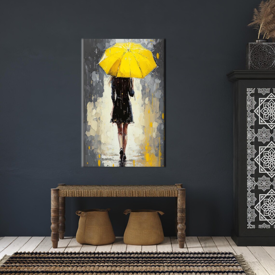 Woman With Bright Yellow Umbrella Rainy Street Impressionist Print