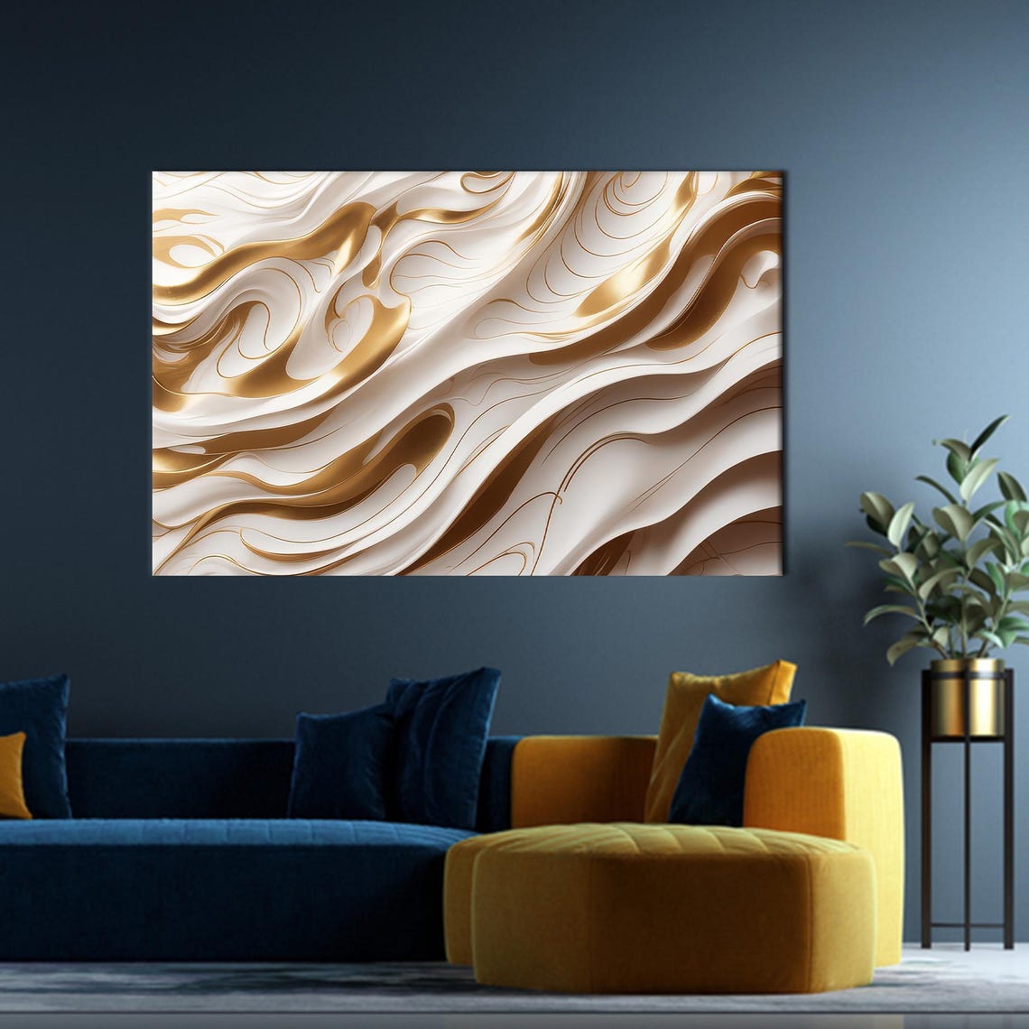 Abstract Gold Waves Canvas Art Modern Office Decor