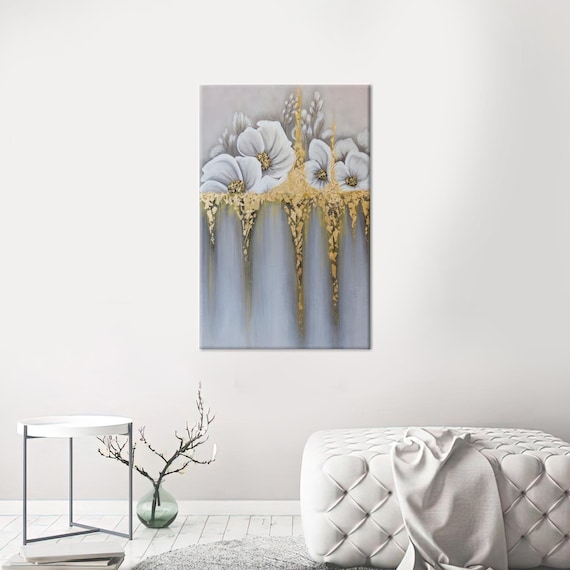 Elegant White Floral Gold Drip Abstract Botanical Canvas Wall Art