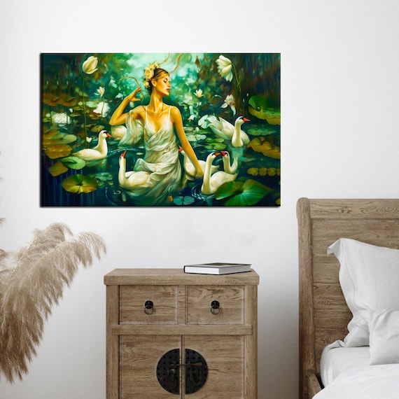 Dreamy Woman Swimming With Swans Elegant Lily Pond Canvas Wall Art