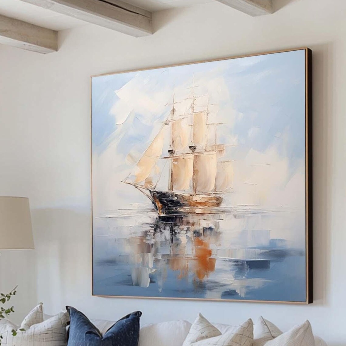Vintage Tall Ship Full Sails Calm Blue Sea Nautical Canvas Poster