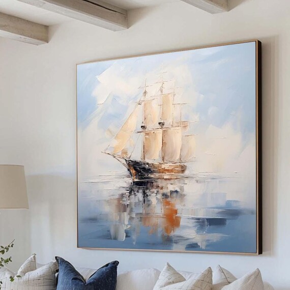 Abstract Sailboat Painting Blue Beige Texture Art Vintage Nautical Painting Large Wall Art Texture Seascape Painting Modern Artwork