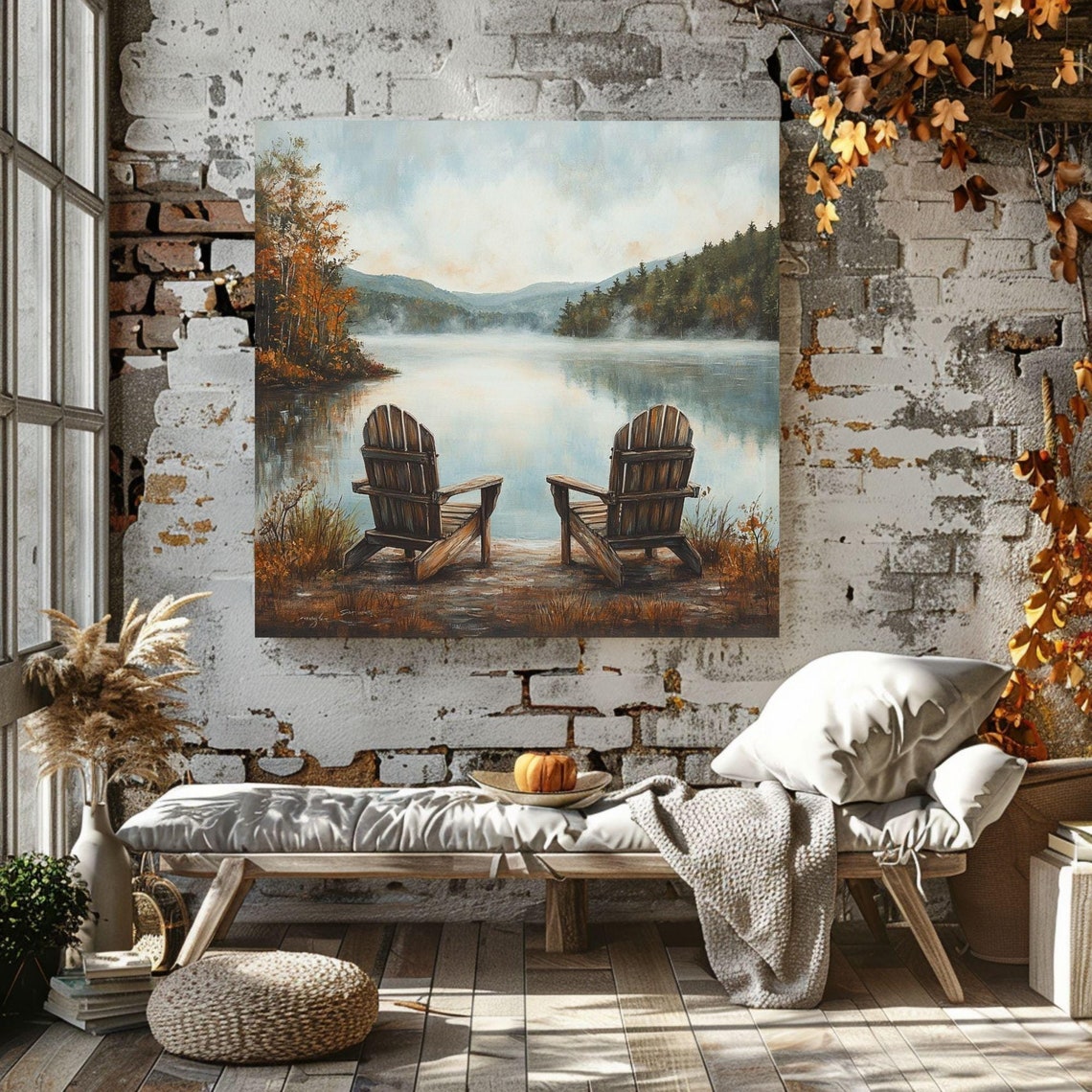 Adirondack Chairs Facing Calm Autumn Lake Misty Mountains Cabin Poster