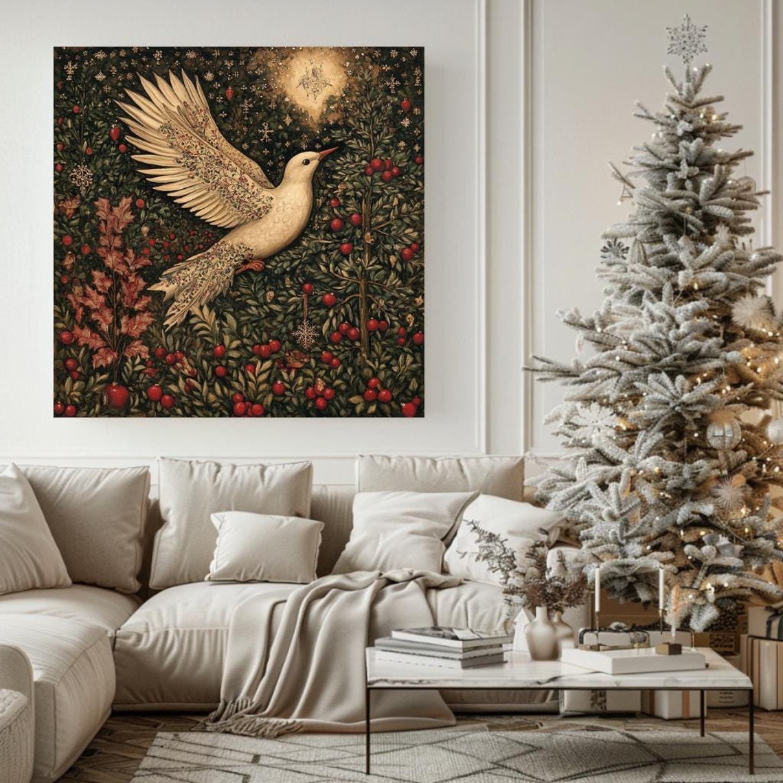 William Morris Style White Dove Winter Berries Gold Holiday Wall Art