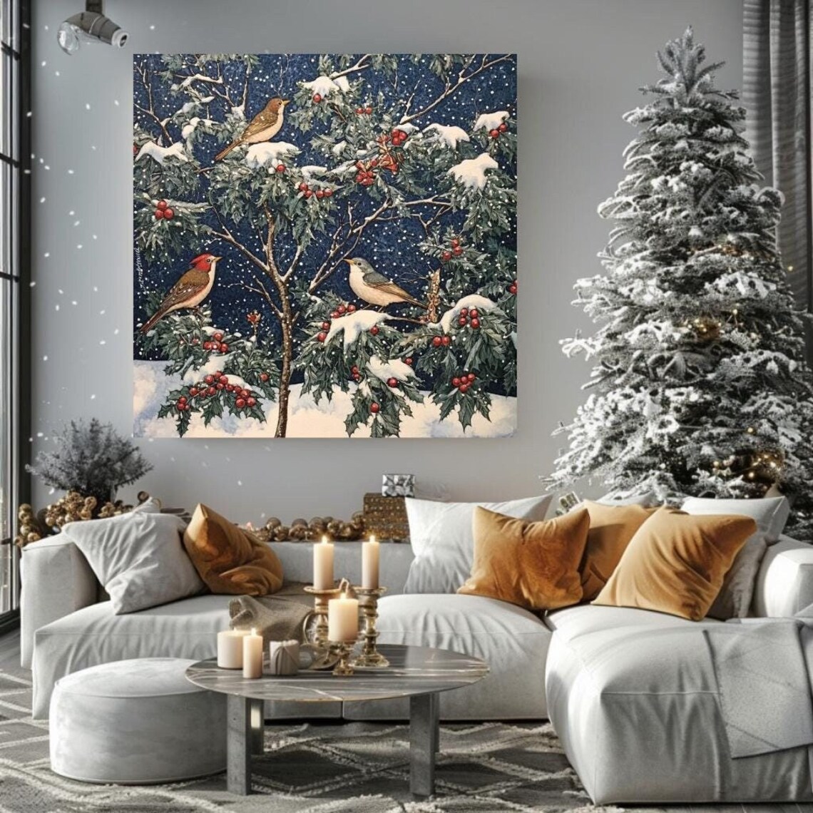 Winter Birds Snowy Holly Berries Night Blue Sky Holiday Poster