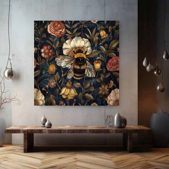 Bumble Bee William Morris Botanical Art Vintage Inspired Floral Artwork Cottagecore Dark Academia Decor