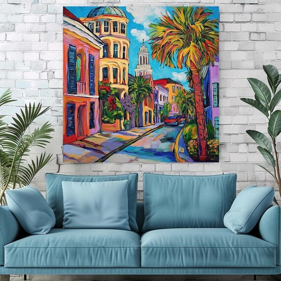 Colorful Palm Tree City Street Bright Abstract Urban Art Poster