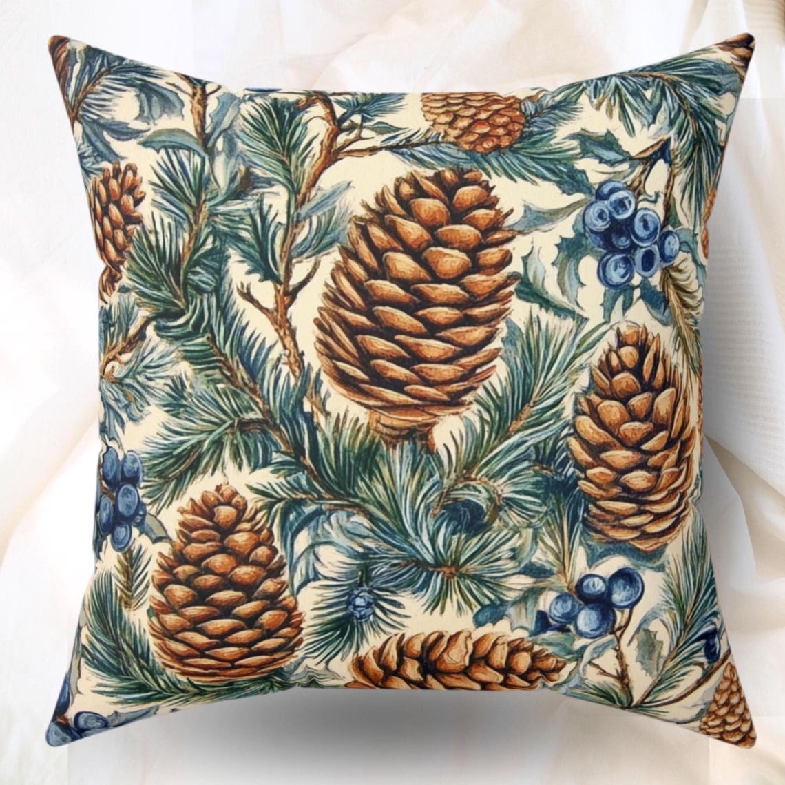 William Morris Style Pinecone Pine Branch Christmas Throw Pillow