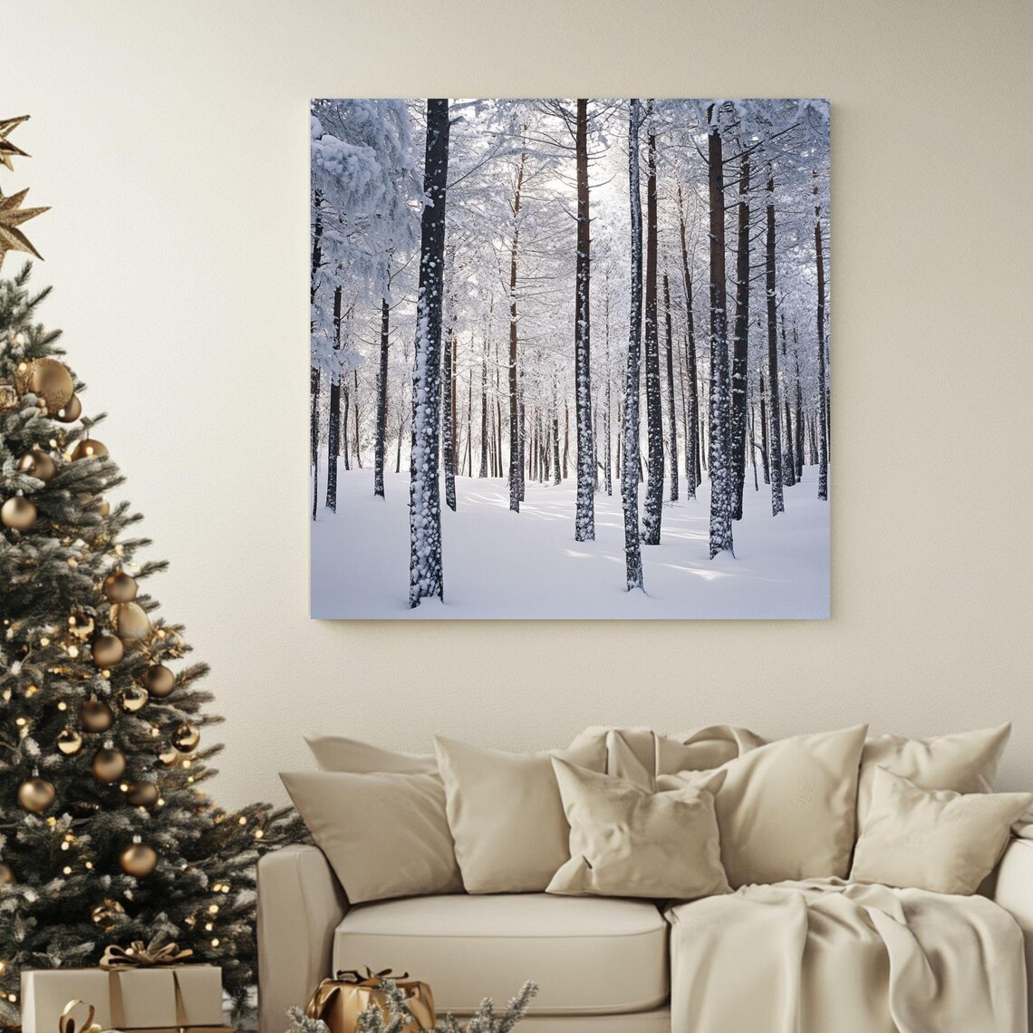Snowy Forest Scene Art Print, Winter Trees Christmas