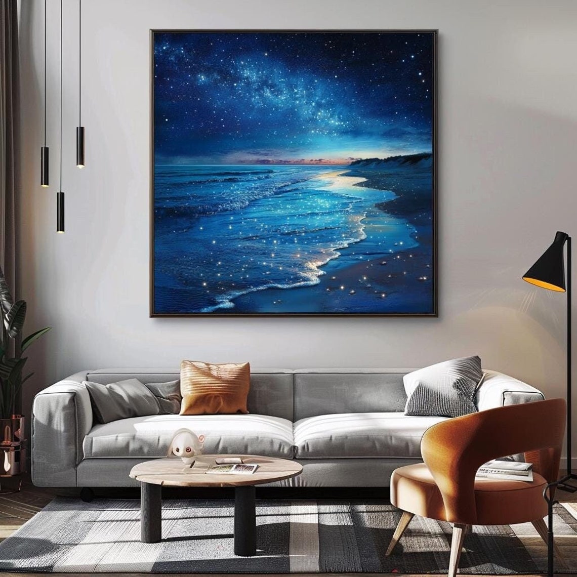 Starry Milky Way Night Sky Over Glowing Beach Waves Coastal Poster