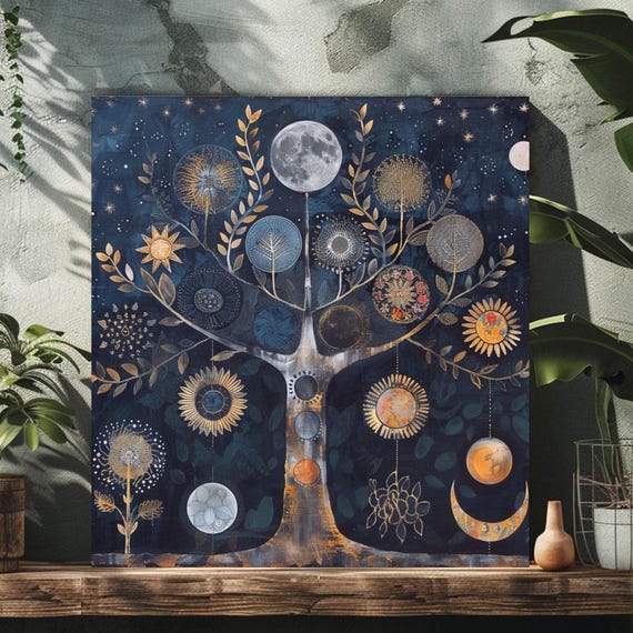 Moon Phase Art Wall Art Mystical Home Decor Cosmic Tree Illustration Gold Floral Accents Best For Spiritual Spaces