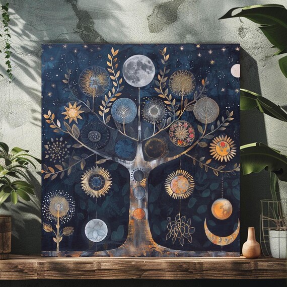 Moon Phase Cosmic Tree Gold Sun Moons Navy Night Sky Spiritual Poster