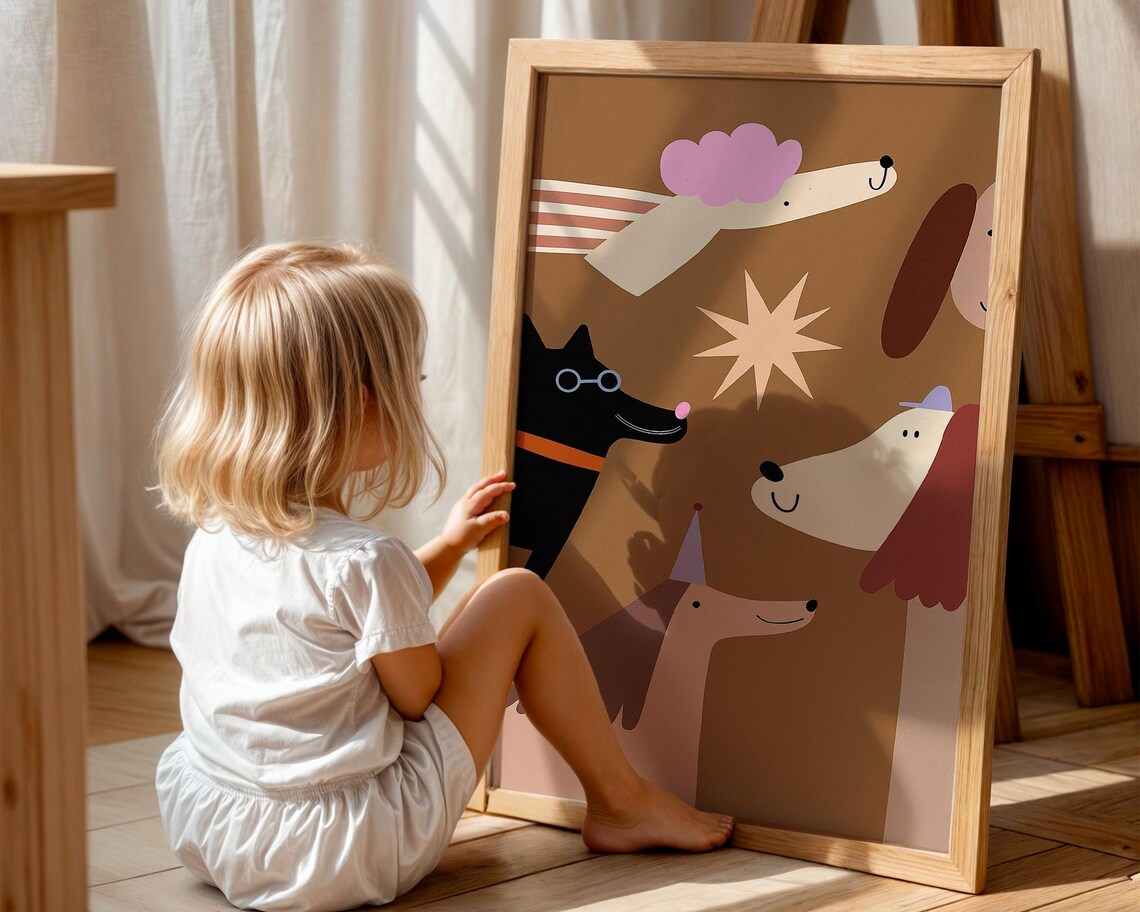 Playful Dog Party Poster Cartoon Puppy Kids Room Nursery Fun Decor