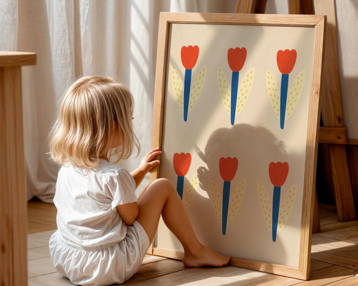 Red Tulips Modern Folk Floral Botanical Colorful Pattern Art Poster