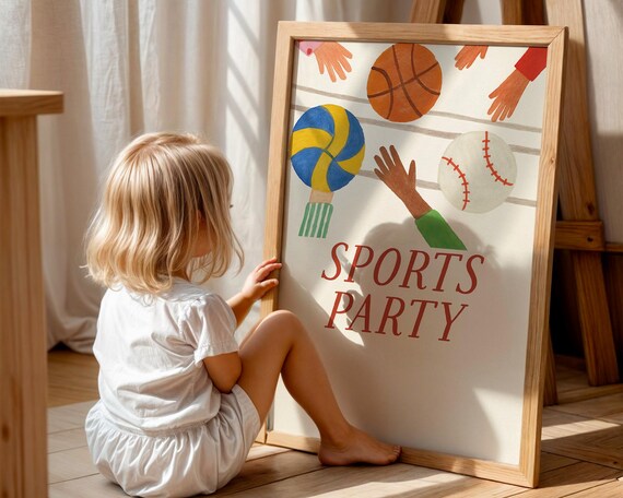 Kids Sports Party Birthday Decor Basketball Baseball Fun Poster