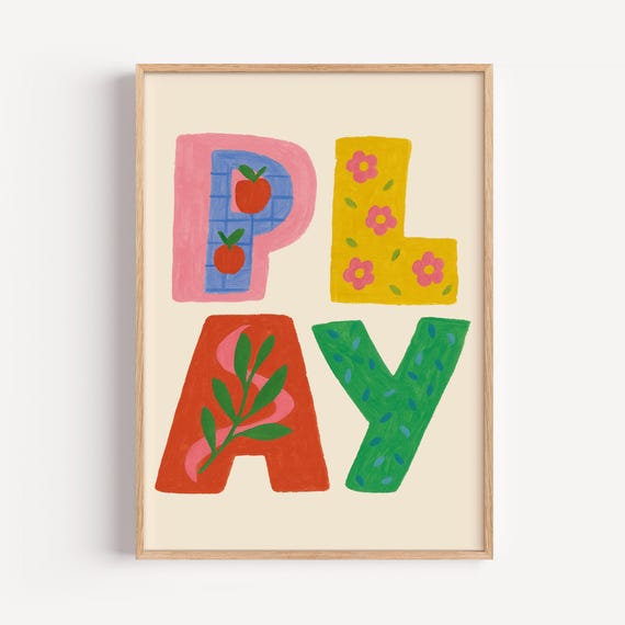 Play Typography Print Colorful Nature Motifs Nursery Decor