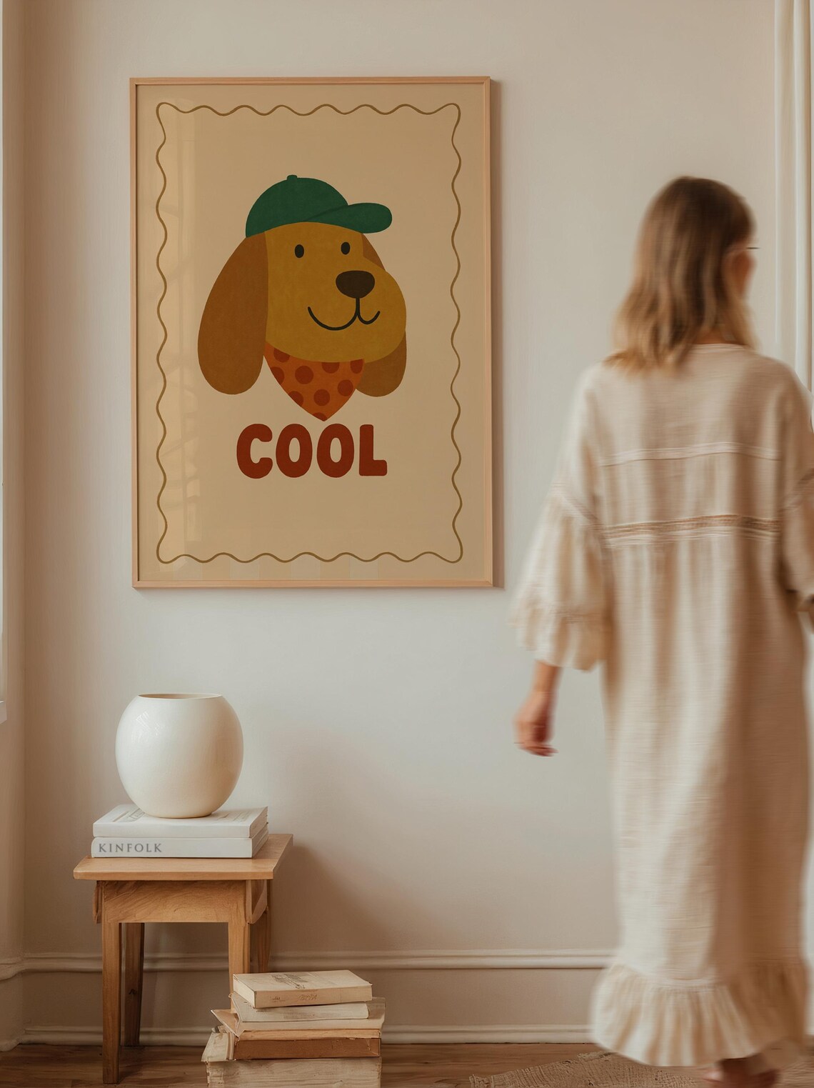 Cool Dog Retro Nursery Poster Cartoon Puppy in Green Cap Kids Room