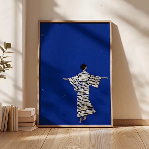 Abstract Woman In Striped Robe Arms Outstretched Deep Blue Modern Poster