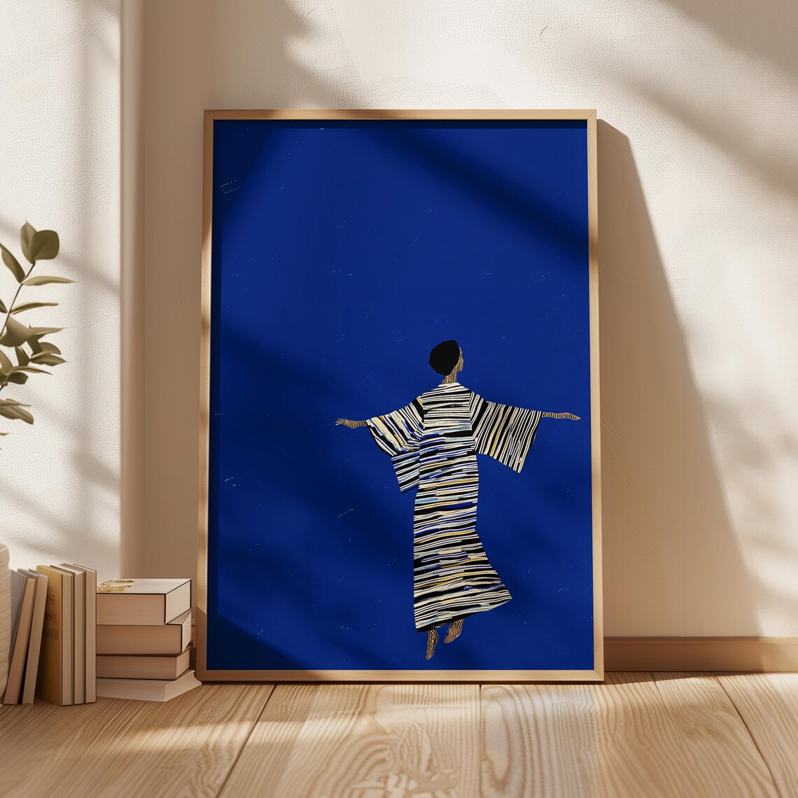 Abstract Woman In Striped Robe Arms Outstretched Deep Blue Modern Poster
