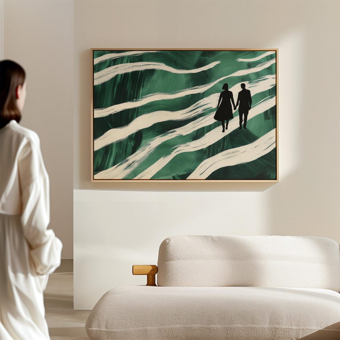 Couple Silhouette On Green Waves Romantic Modern Love Art Poster - Image 3