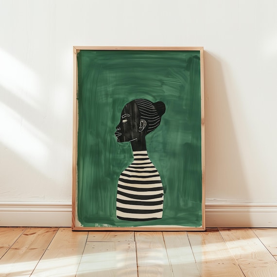 Green Abstract Woman Profile Striped Vase Silhouette Art Poster
