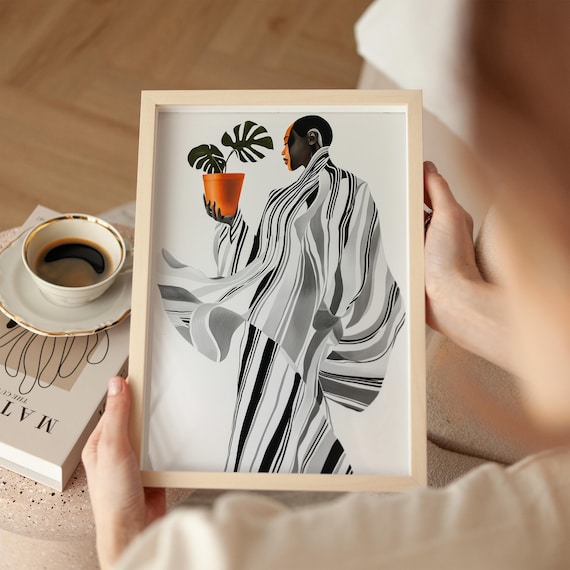 Elegant Striped Gown Woman Monstera Plant Orange Accent Poster