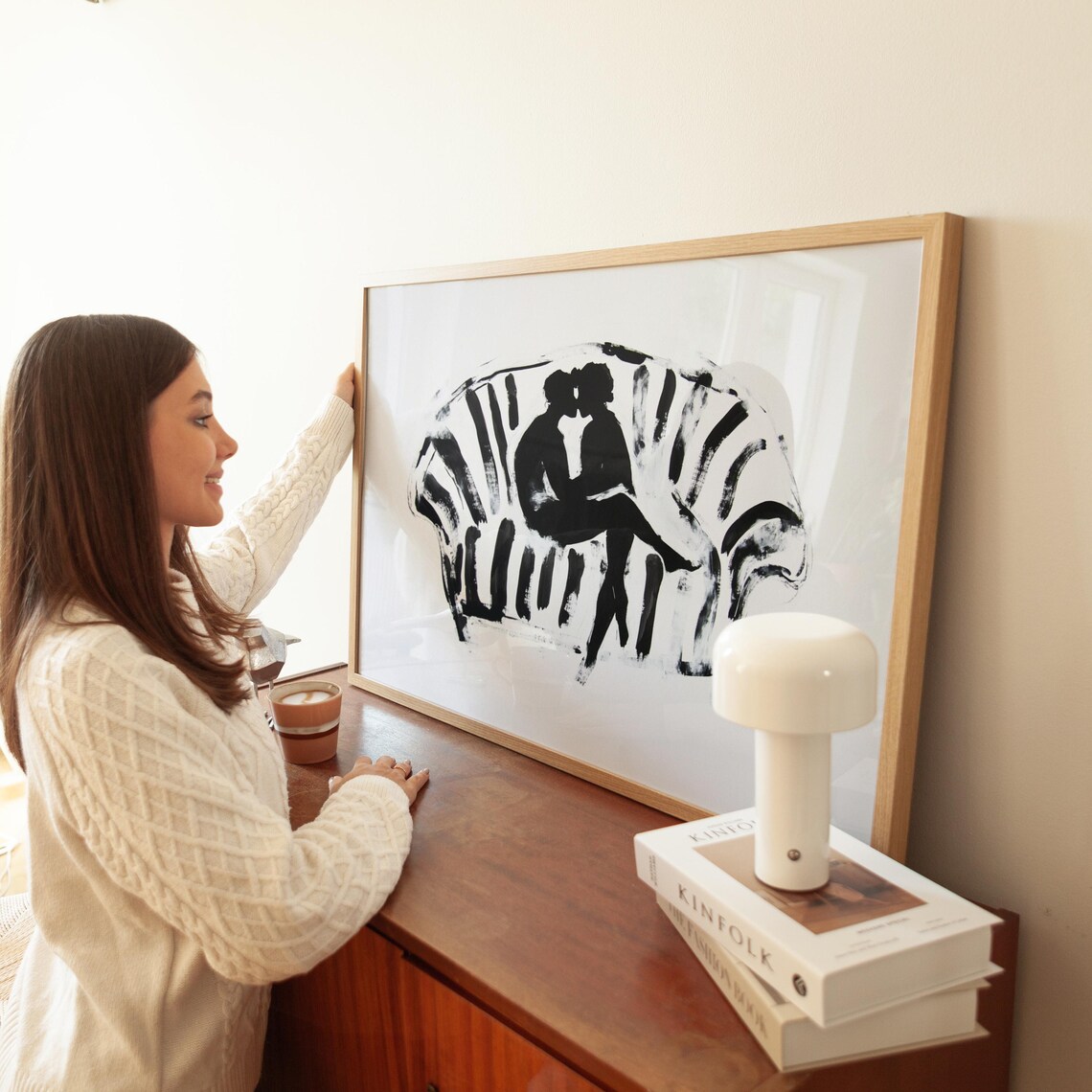Kissing Couple on Striped Couch Black Ink Minimalist Love Poster - Image 2